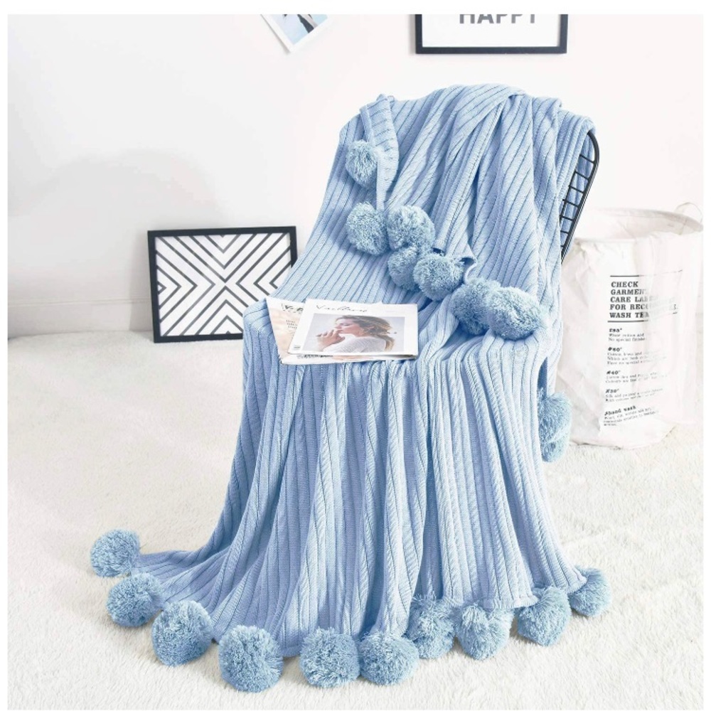 Light Grey Pompom Fringe Chic Cozy Soft Throw Blanket/Cover for Dorm/Living Room - Picture 11 of 11